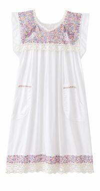 Handmade Embroidered Huipil Style White Dress Bird Floral Boho Pockets